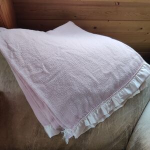 Vintage Satin Trim Edge Blanket Pink Acrylic Made in USA 87 x 87" Full Queen MCM